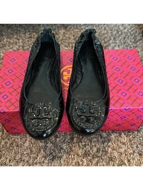 Tory Burch Black Patent Crocodile Embossed Reva Flats